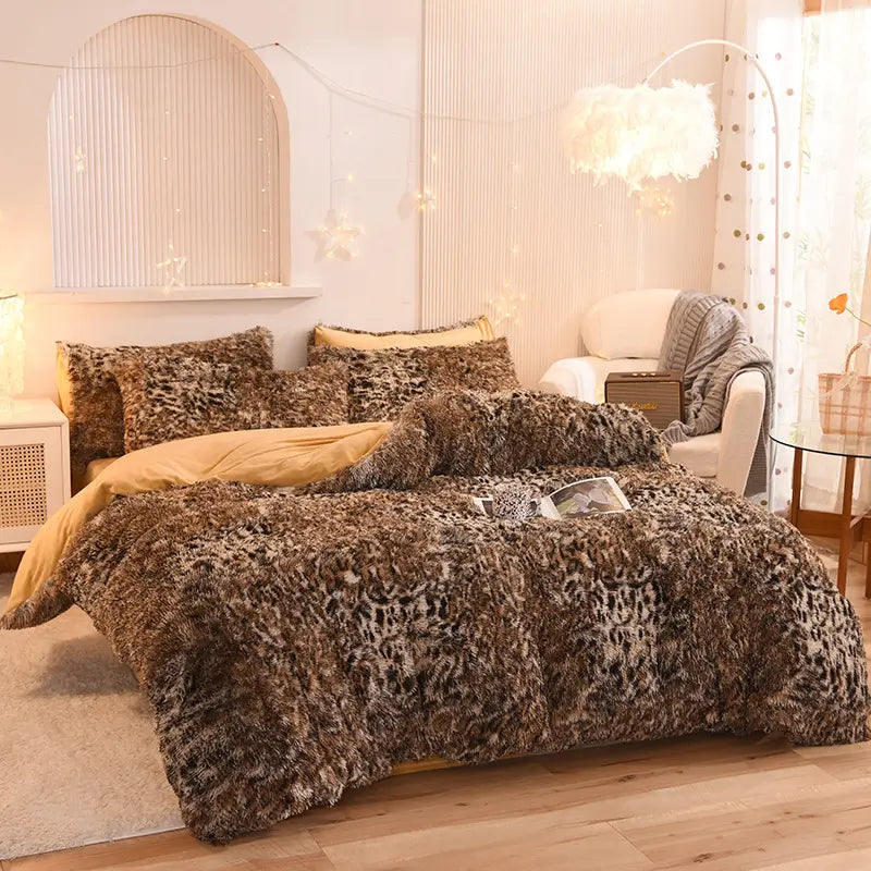 Plüsch-Fleece-Bettwäsche-Set, winterwarm, Teddy, 3-4-teilig, mit Bezug, Laken und Kissenbezügen | Sulvida