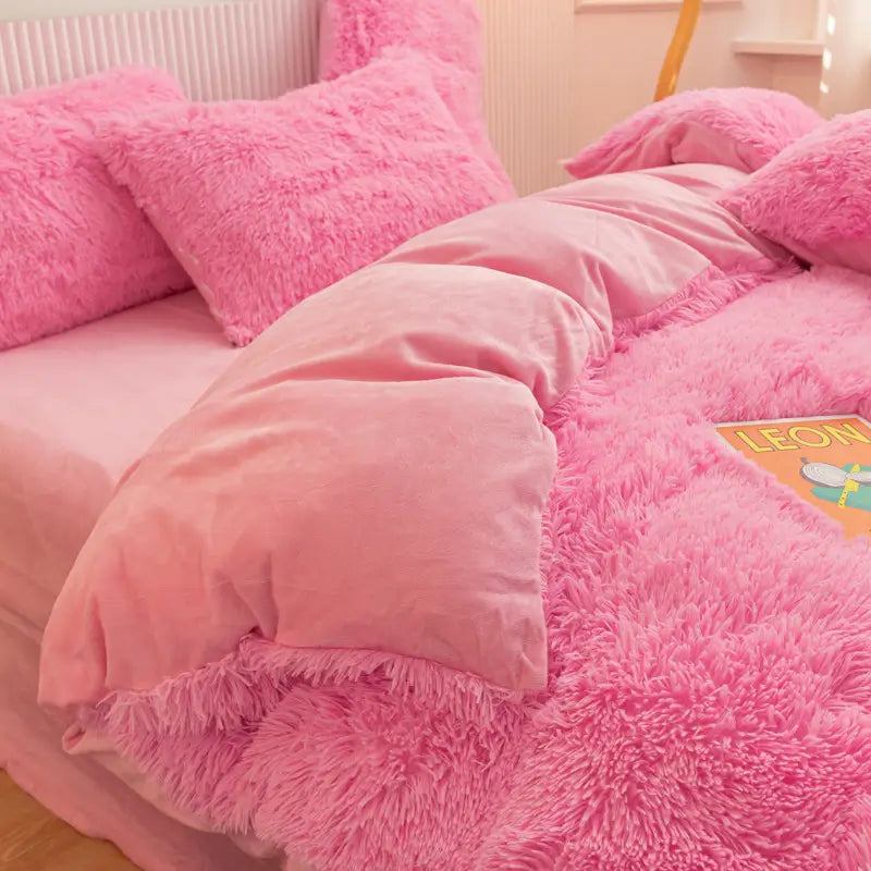 Plüsch-Fleece-Bettwäsche-Set, winterwarm, Teddy, 3-4-teilig, mit Bezug, Laken und Kissenbezügen | Sulvida