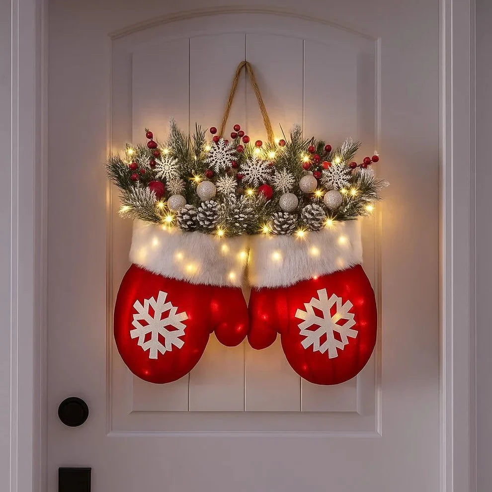 Pluche Winterhandschoenen Deurbehang met LED-Verlichting Rood Kerstdecoratie 30x30 cm Sneeuwvlokken Deur | Sulvida