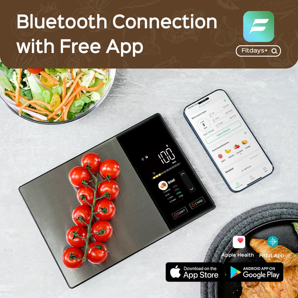 Balance alimentaire connectée avec valeurs nutritionnelles – capacité de 5 kg – Bluetooth, application Bluetooth, balance de cuisine | Sulvida