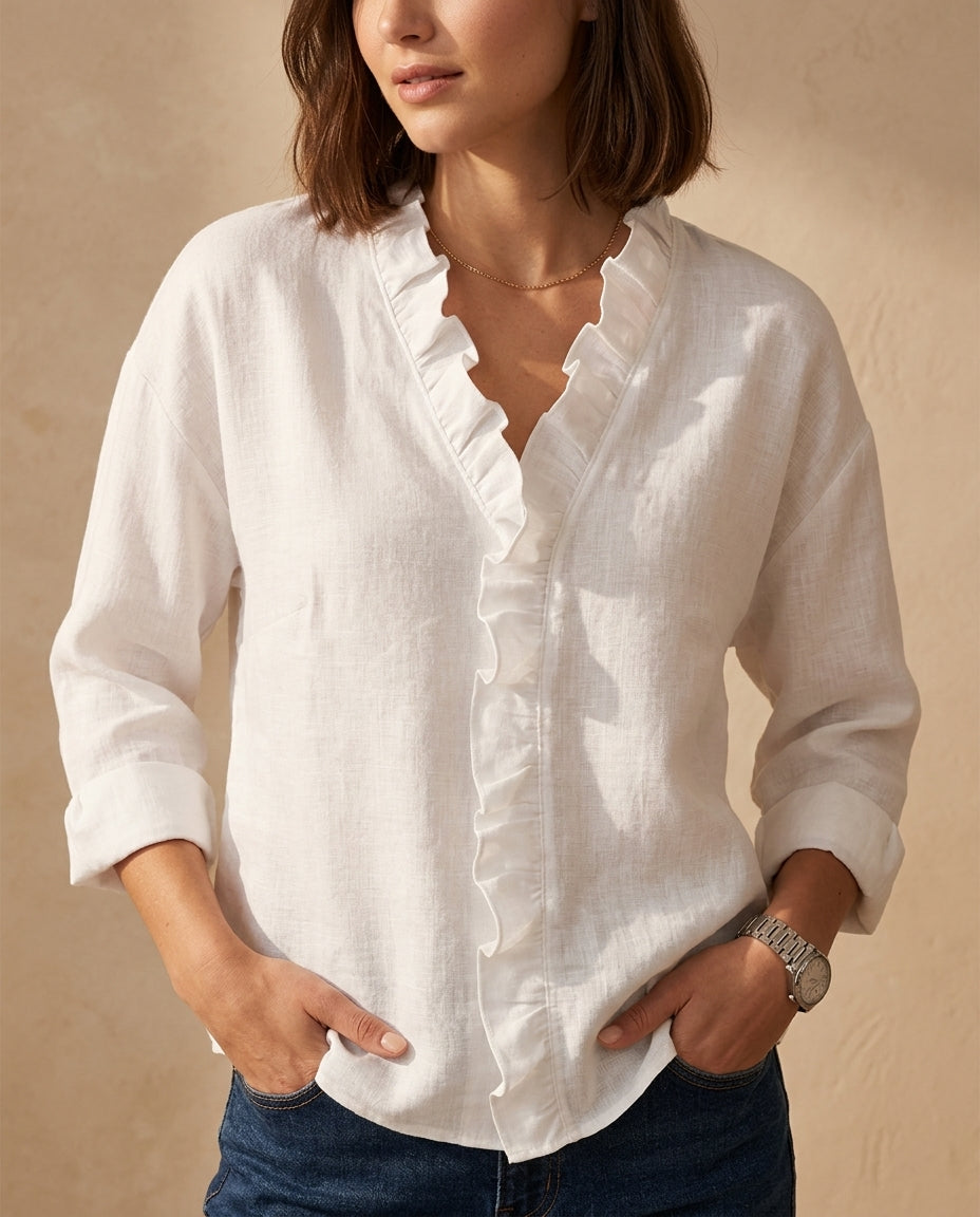 Blouse pour femme à col en V et volants, élégante pour les loisirs, le travail et les sorties, look chic et décontracté | Sulvida