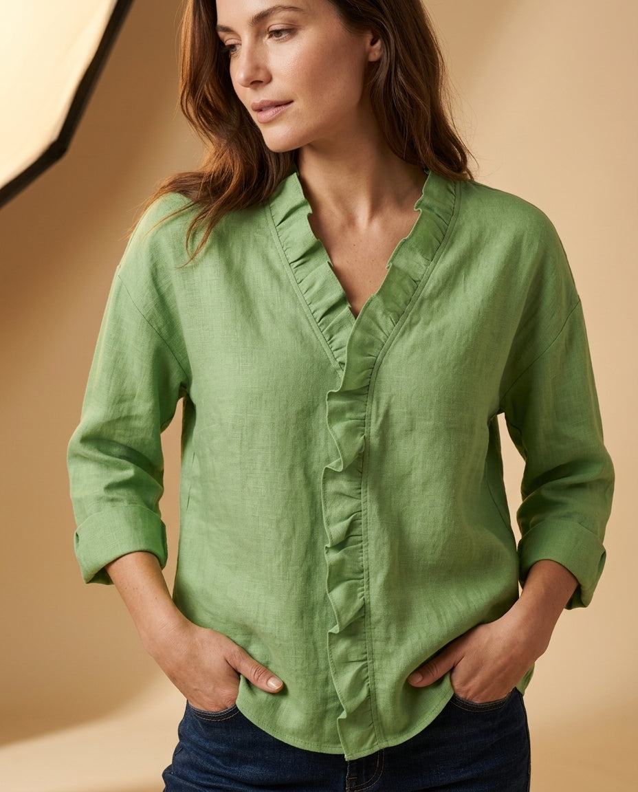 Blouse pour femme à col en V et volants, élégante pour les loisirs, le travail et les sorties, look chic et décontracté | Sulvida