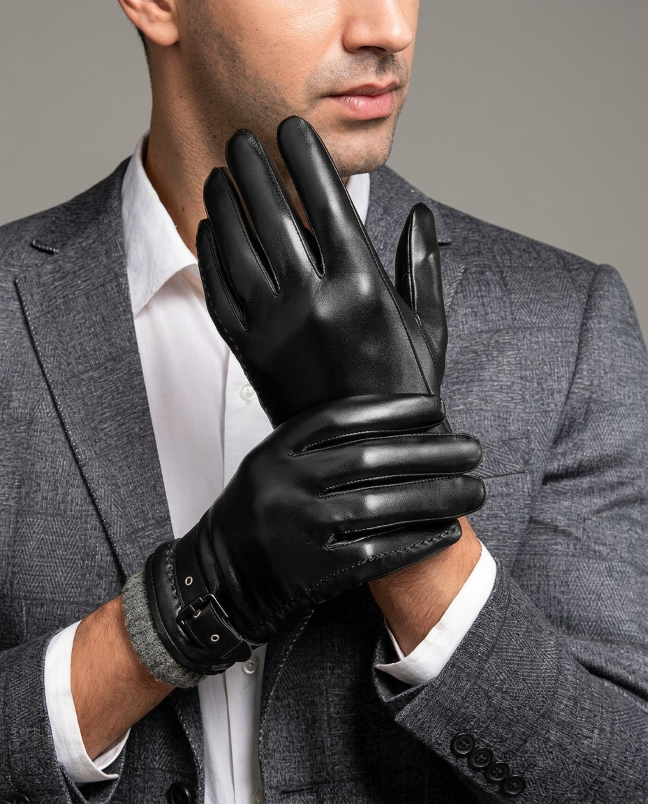 Leren Handschoenen Heren met Wollen Voering Polsband Luxe Winter Herenleren Handschoenen Touchscreen Zwart Bruin | Sulvida