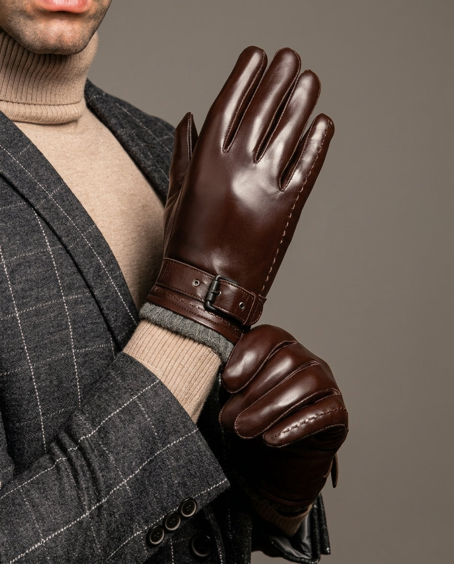 Leren Handschoenen Heren met Wollen Voering Polsband Luxe Winter Herenleren Handschoenen Touchscreen Zwart Bruin | Sulvida