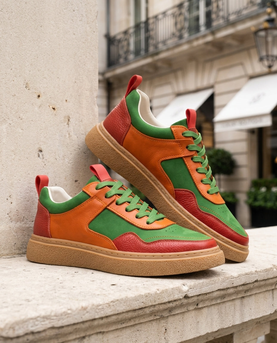 Heren Sneakers Suède Leer Mix Chunky Zool Opvallend Sportief Design Groen Wit Zwart Casual Statement Schoeisel | Sulvida