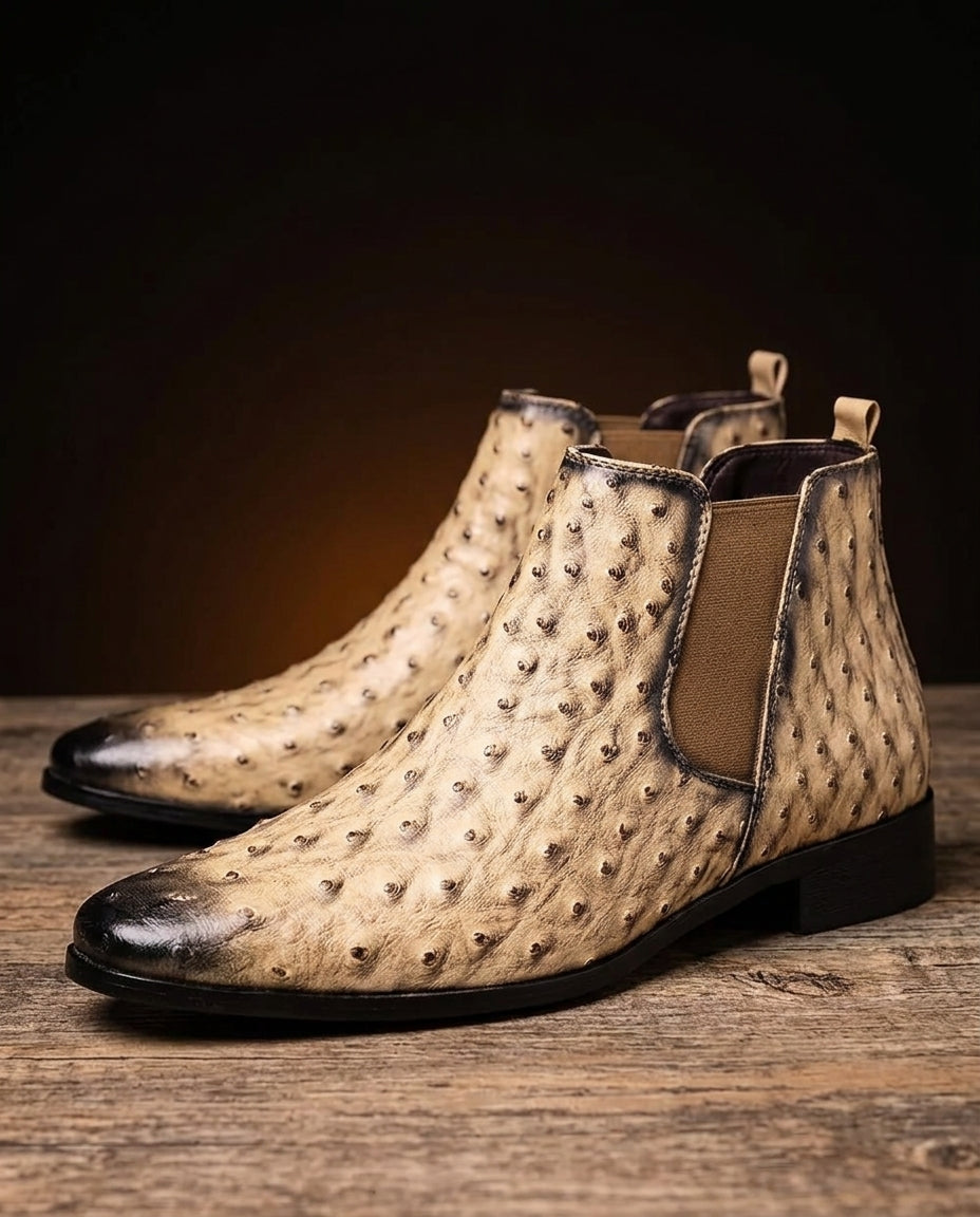 Bottines pour homme en cuir à relief autruche, style Chelsea, confortables, à enfiler, design classique | Sulvida