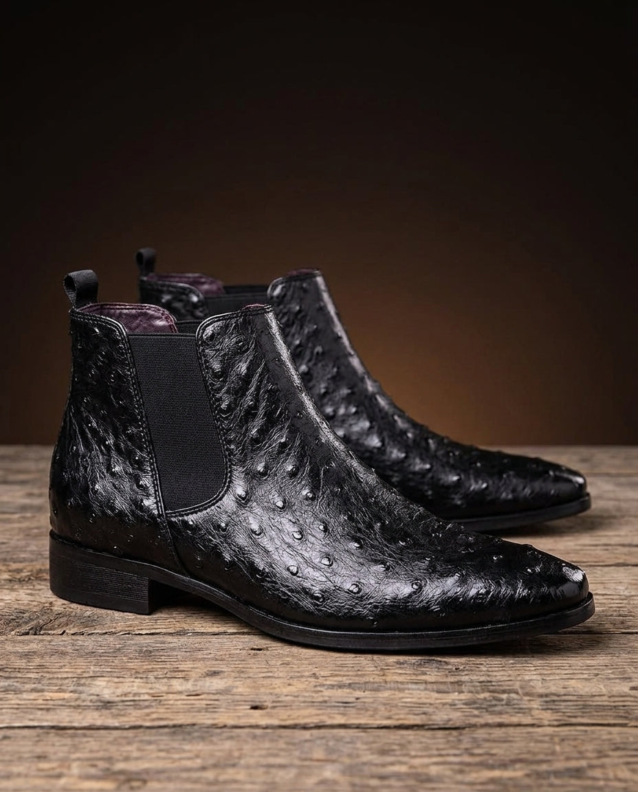 Bottines pour homme en cuir à relief autruche, style Chelsea, confortables, à enfiler, design classique | Sulvida