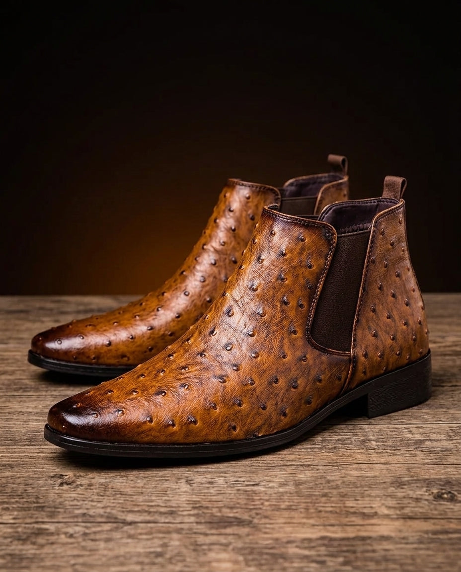 Bottines pour homme en cuir à relief autruche, style Chelsea, confortables, à enfiler, design classique | Sulvida