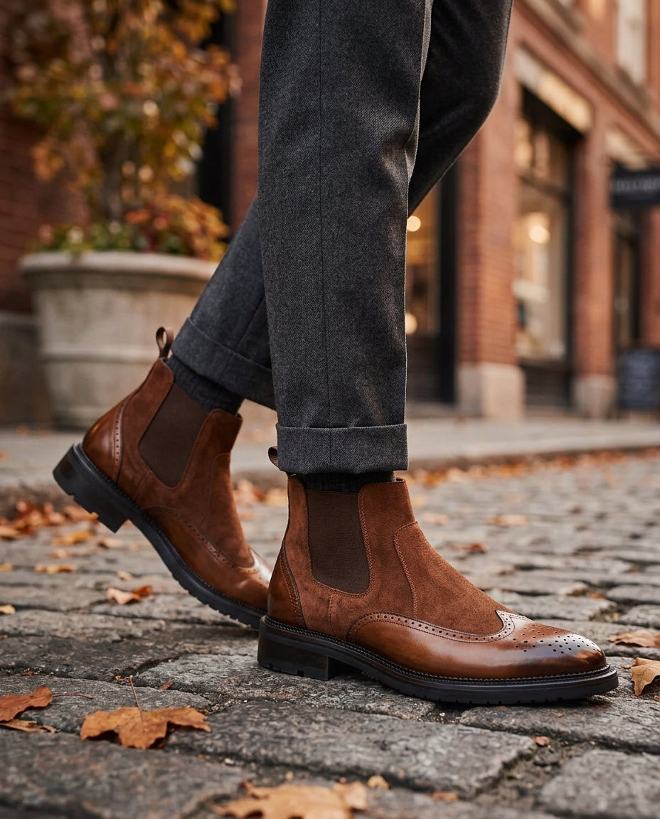 Chelsea Boots Heren Suède met Brogue Details Leren Instappers Elastische Zijpanelen Enkellaarzen Casual | Sulvida