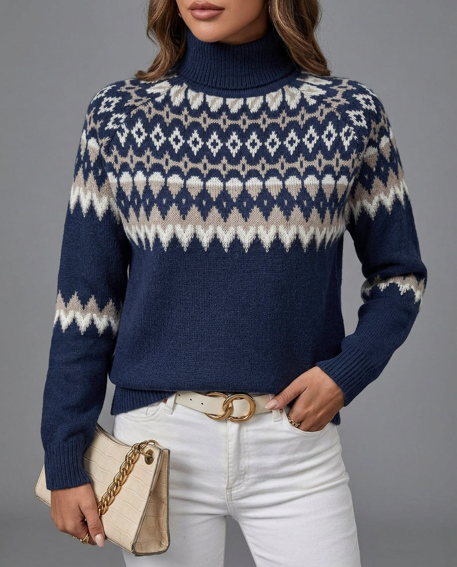 Pull à col roulé pour femme avec motif jacquard - Pull d’hiver doux en maille, manches longues, confortable et chaud pour les journées froides | Sulvida