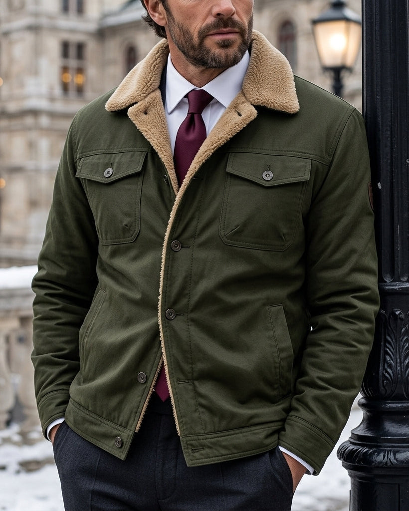 Warme Herenvest met Sherpa Voering Khaki Groen Navy Blauw Zwart Utility Kraag Borstzakken Herfst Winter | Sulvida