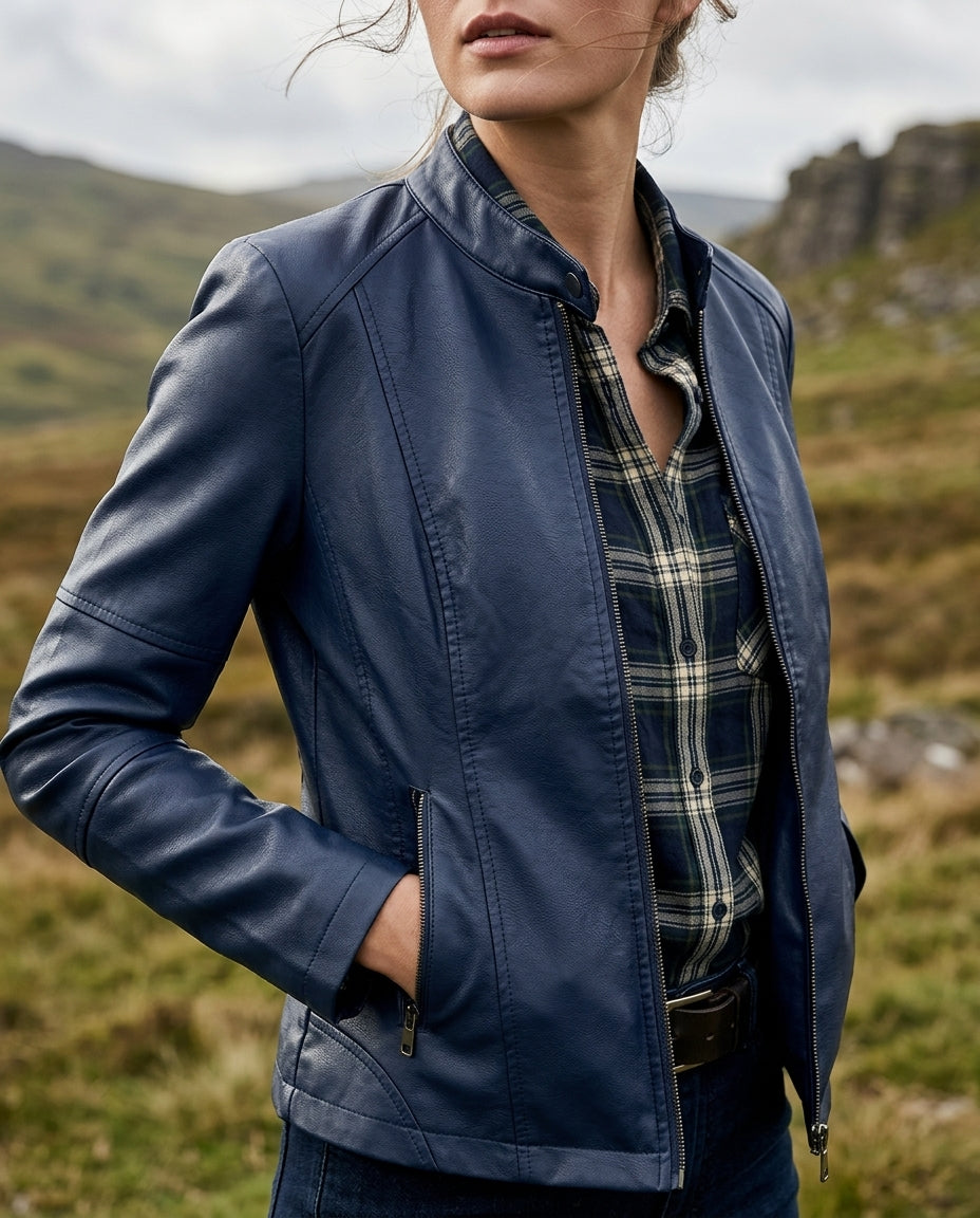 Korte Leren Damesjasje Kunstleer Mock Neck Cognac Beige Bruin Blauw Zwart Motor Biker Jack Herfst Winter | Sulvida