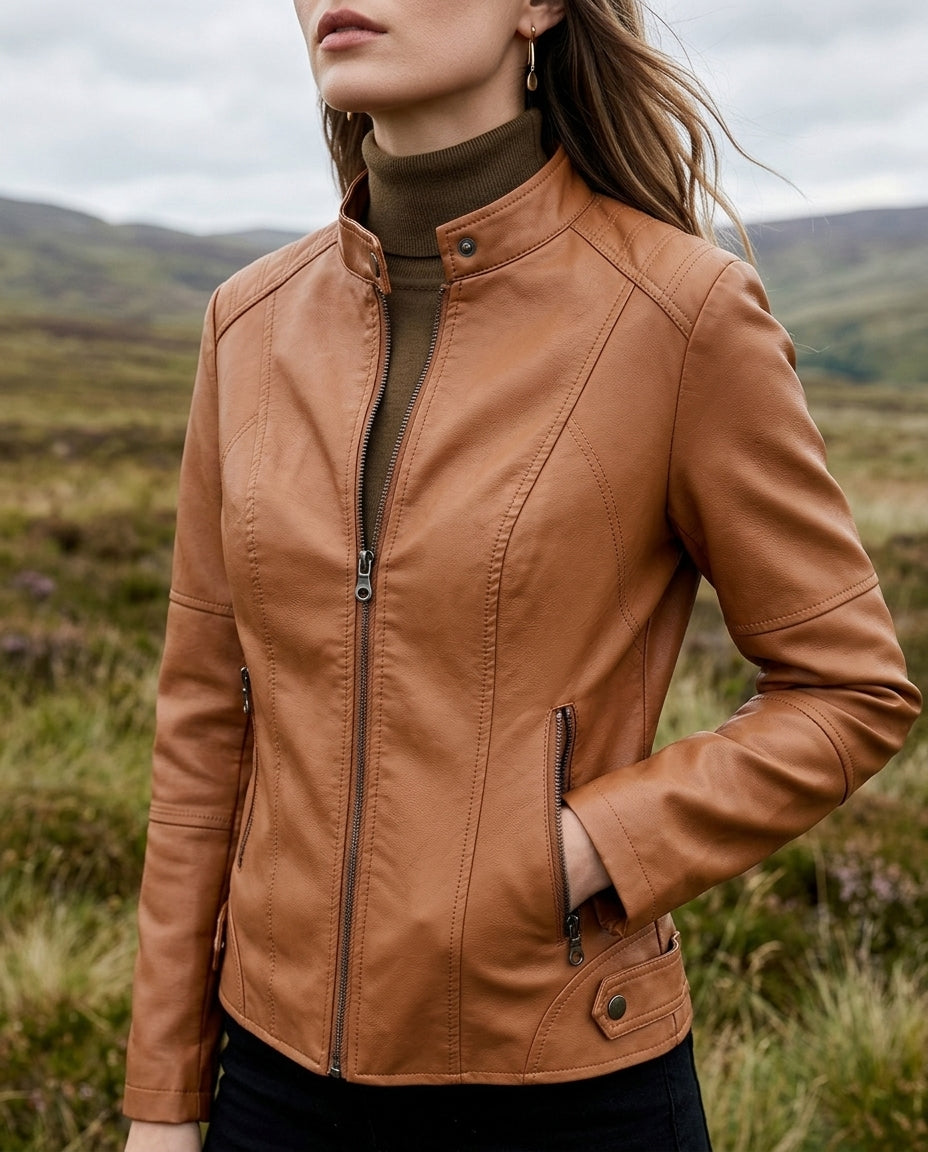 Korte Leren Damesjasje Kunstleer Mock Neck Cognac Beige Bruin Blauw Zwart Motor Biker Jack Herfst Winter | Sulvida