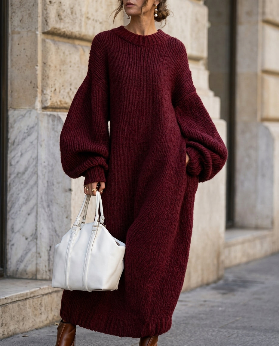 Robe longue maxi en maille côtelée pour femme, manches ballon oversize, robe longue d’hiver décontractée en maille | Sulvida