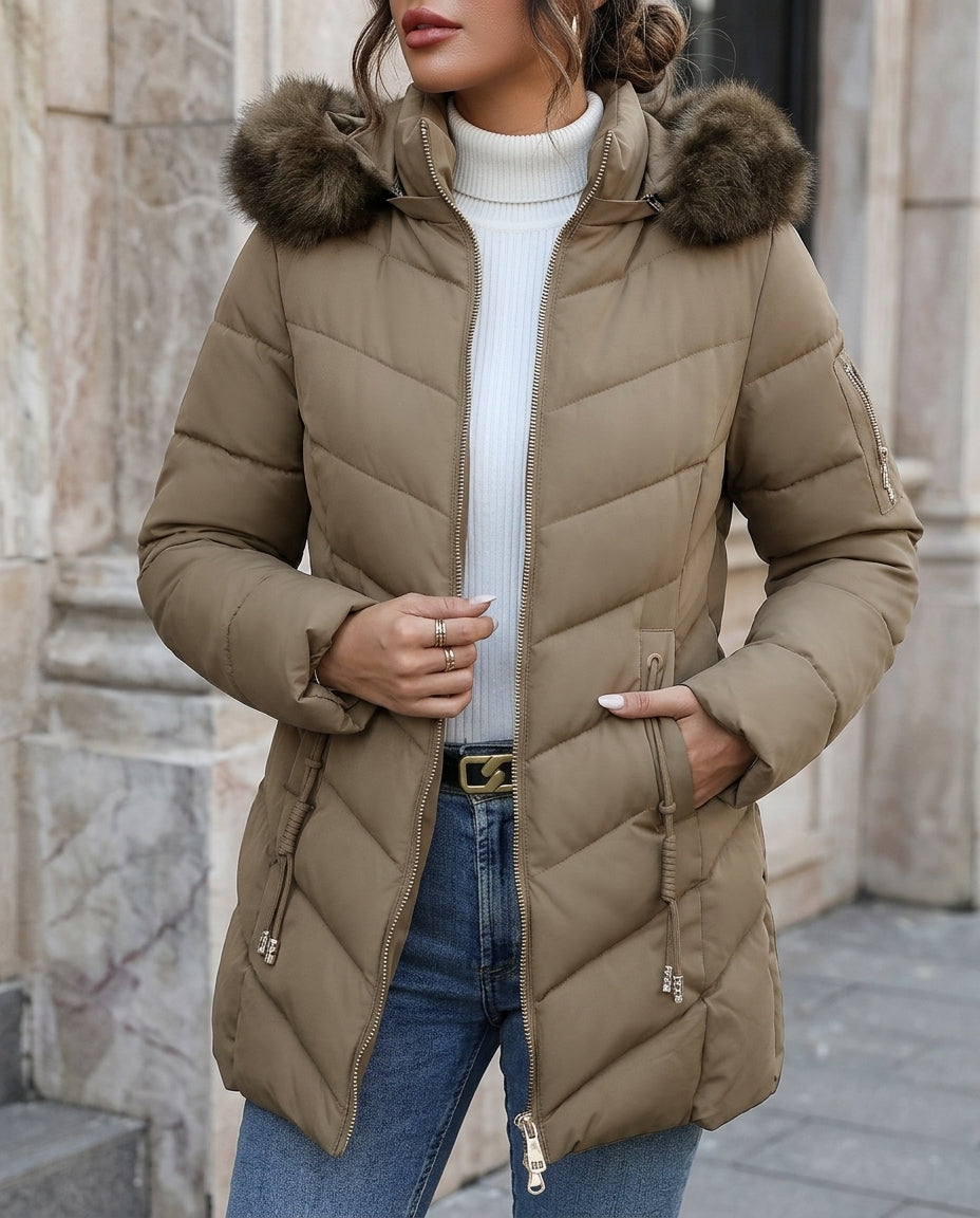 Gewatteerde Damesjas met Afneembare Nepbontkraag Winterjas Parka Getailleerd Warm Winterkleding Koude Dagen | Sulvida