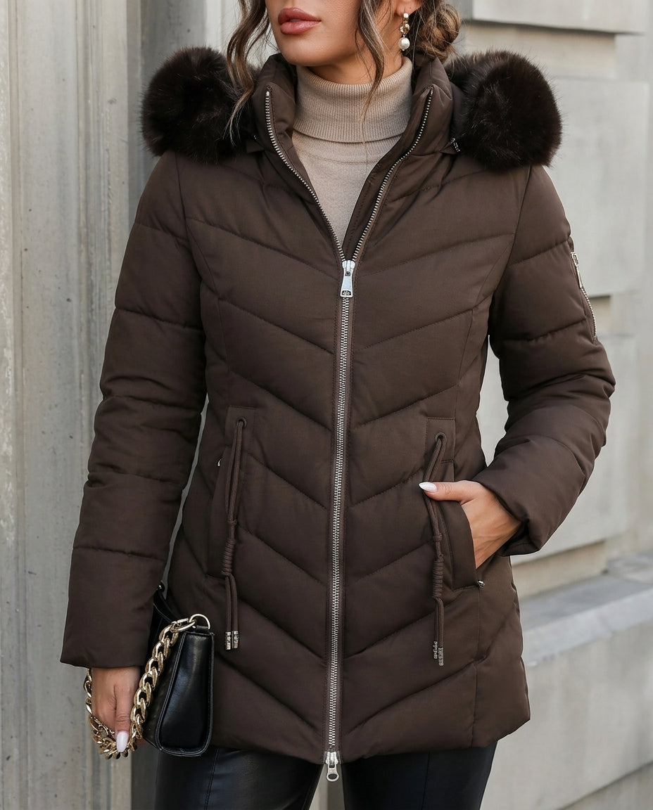 Gewatteerde Damesjas met Afneembare Nepbontkraag Winterjas Parka Getailleerd Warm Winterkleding Koude Dagen | Sulvida