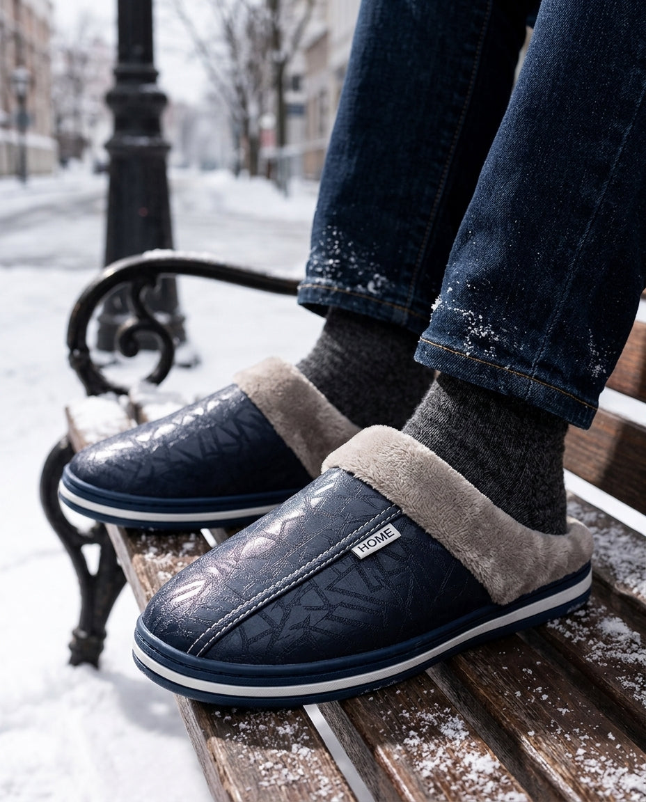 Heren Slippers met Teddy Voering Donzig Leer Antislip Zool Thuisschoen Warm Comfortabel Dik Voetbed Winter | Sulvida
