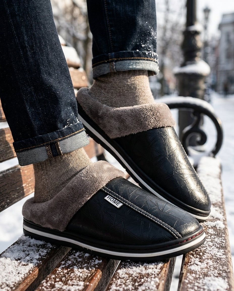 Heren Slippers met Teddy Voering Donzig Leer Antislip Zool Thuisschoen Warm Comfortabel Dik Voetbed Winter | Sulvida