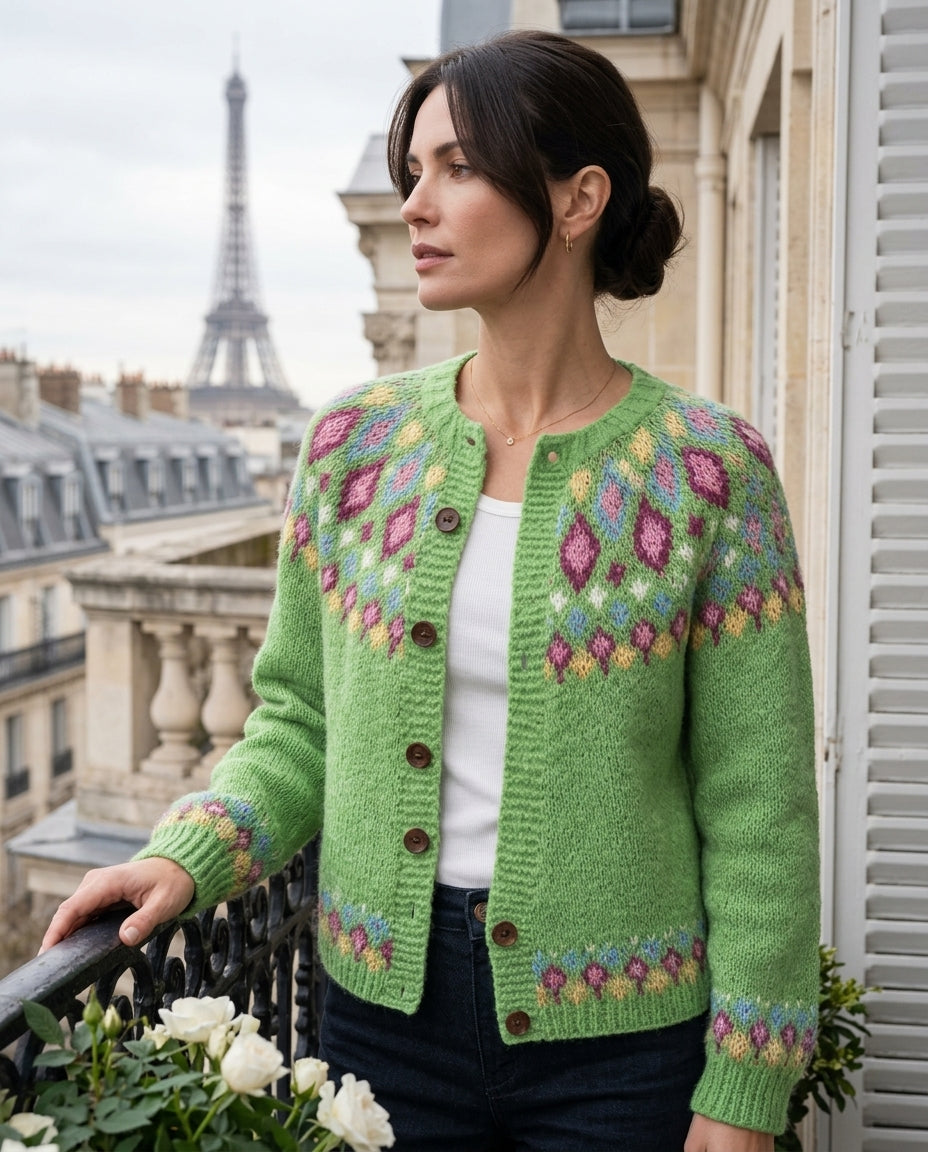 Gebreide Damesvest Fair Isle Patroon Raglanmouw Houten Knopen Geribbeld Boord Vintage Stijl Warm Comfortabel | Sulvida