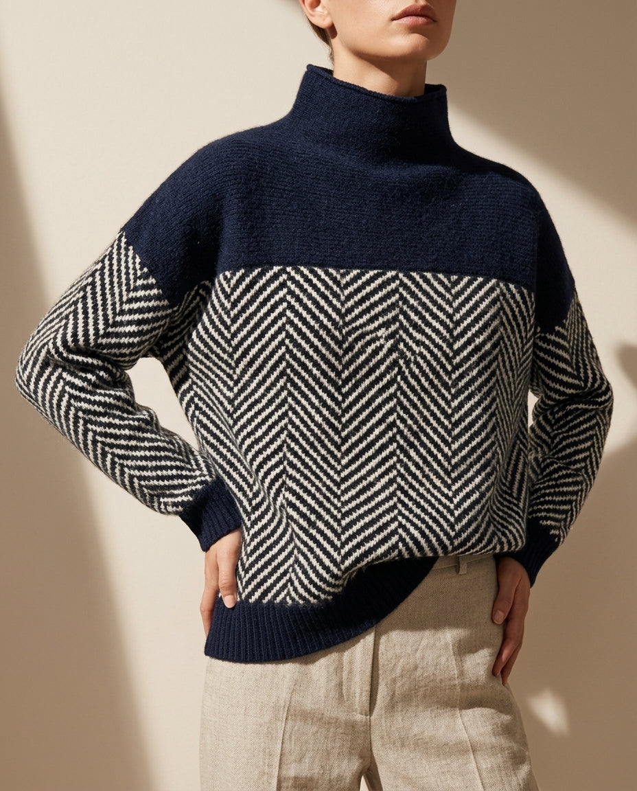 Dames trui met visgraatpatroon opstaande kraag wol winter tijdloos gebreid pullover elegant warm stijlvol | Sulvida