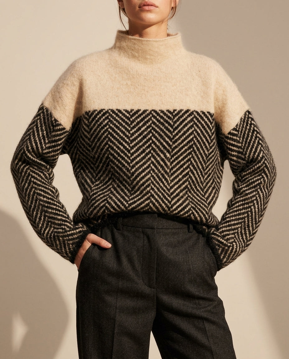 Dames trui met visgraatpatroon opstaande kraag wol winter tijdloos gebreid pullover elegant warm stijlvol | Sulvida