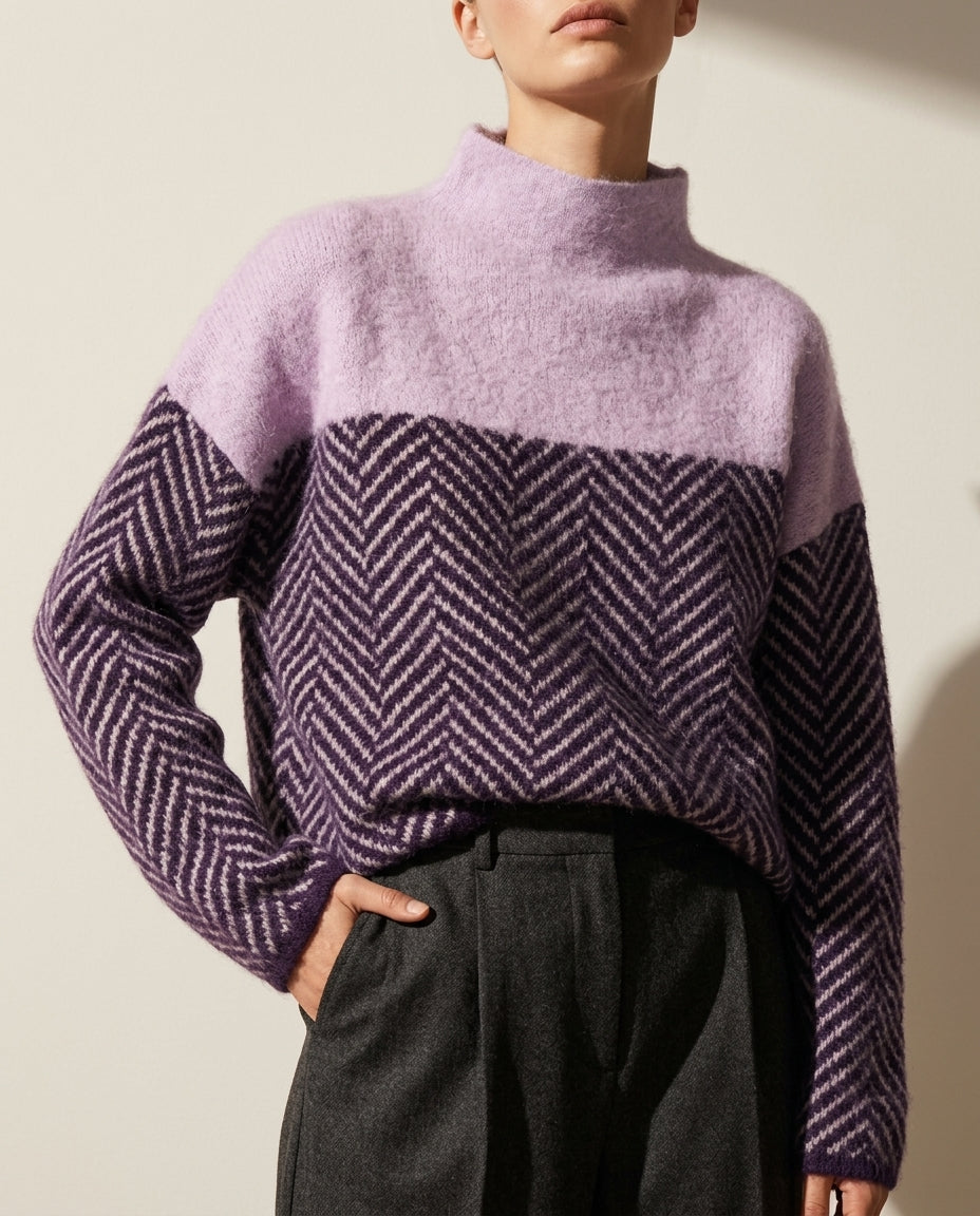 Dames trui met visgraatpatroon opstaande kraag wol winter tijdloos gebreid pullover elegant warm stijlvol | Sulvida