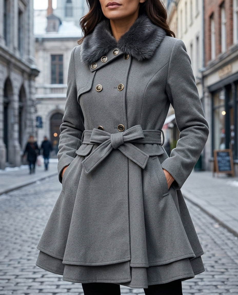 Manteau en laine pour femme avec basque et col en fourrure, élégant, cintré, superposé et chaud, idéal pour l’hiver | Sulvida