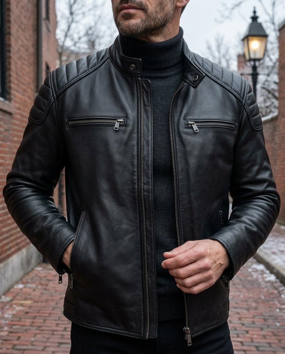 Leren Motorjas Heren Vintage Biker Stijl Gewatteerde Schouders Staande Kraag Zwart Echt Leer Herenleren Jas | Sulvida