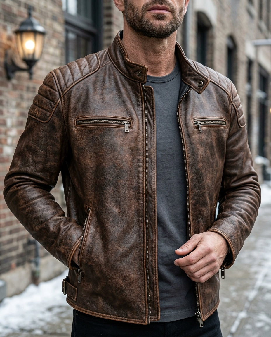 Leren Motorjas Heren Vintage Biker Stijl Gewatteerde Schouders Staande Kraag Zwart Echt Leer Herenleren Jas | Sulvida