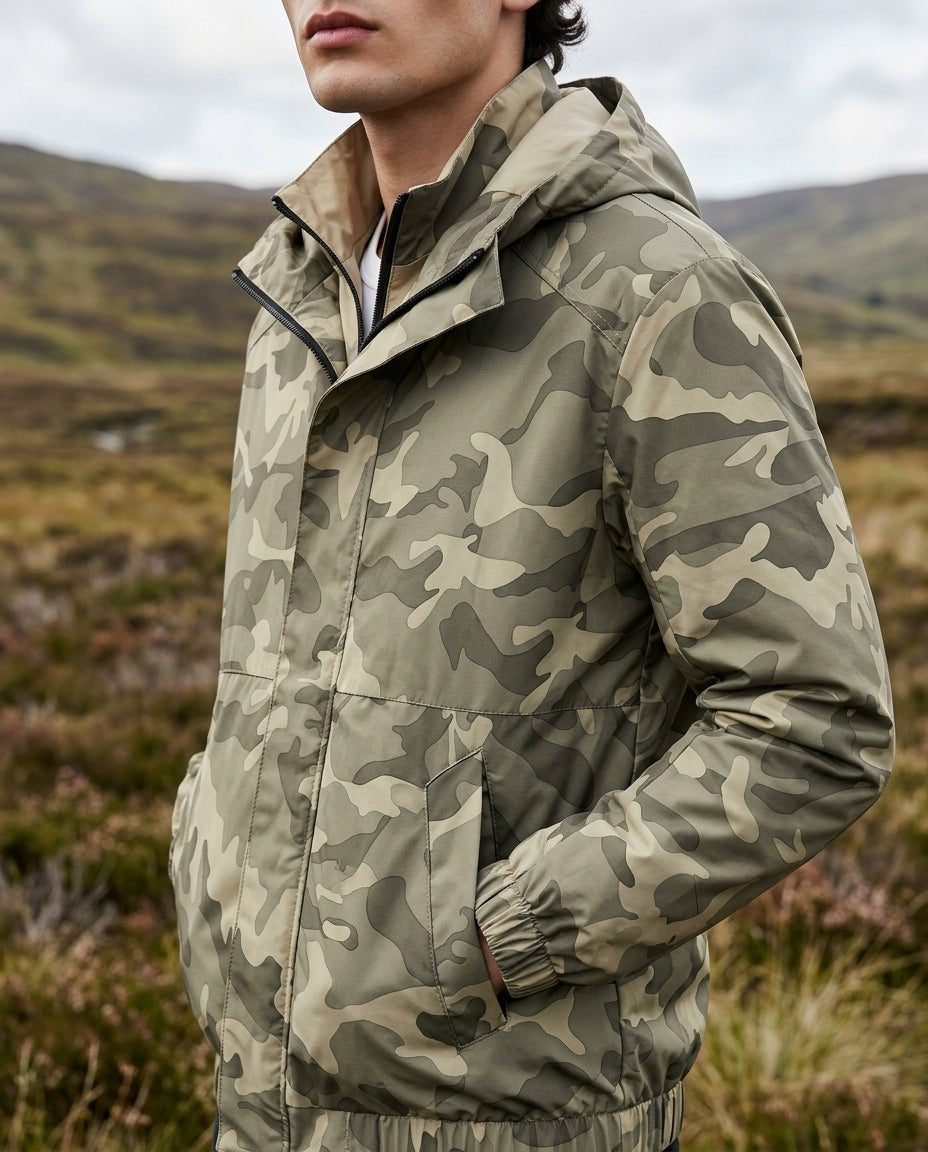 Herenjack met Camouflage Print en Capuchon – Waterafstotend Tussenjas voor Outdoor en Dagelijks Gebruik | Sulvida