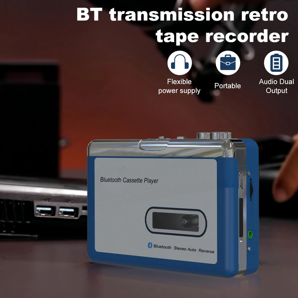 Lecteur de cassettes portable avec émetteur Bluetooth et fonction de rembobinage automatique, lecteur de musique rétro, audio vintage | Sulvida
