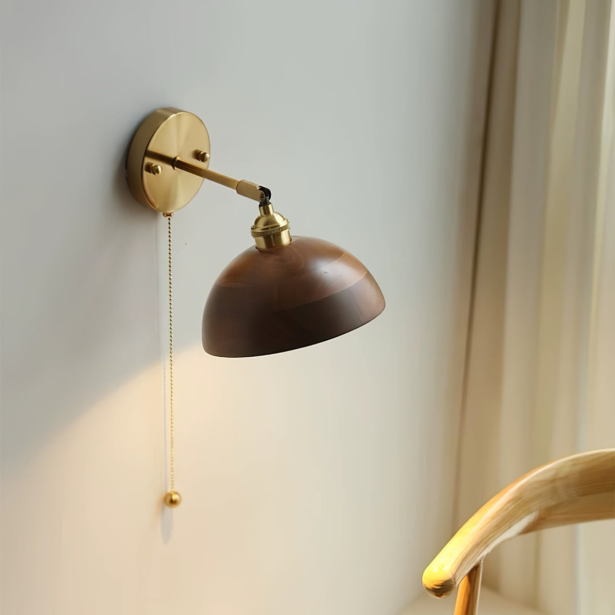 Vintage Wandlamp Hout met Trekschakelaar Dome Kap Messing E26 E27 Slaapkamer Woonkamer Warm Sfeerlicht Retro | Sulvida