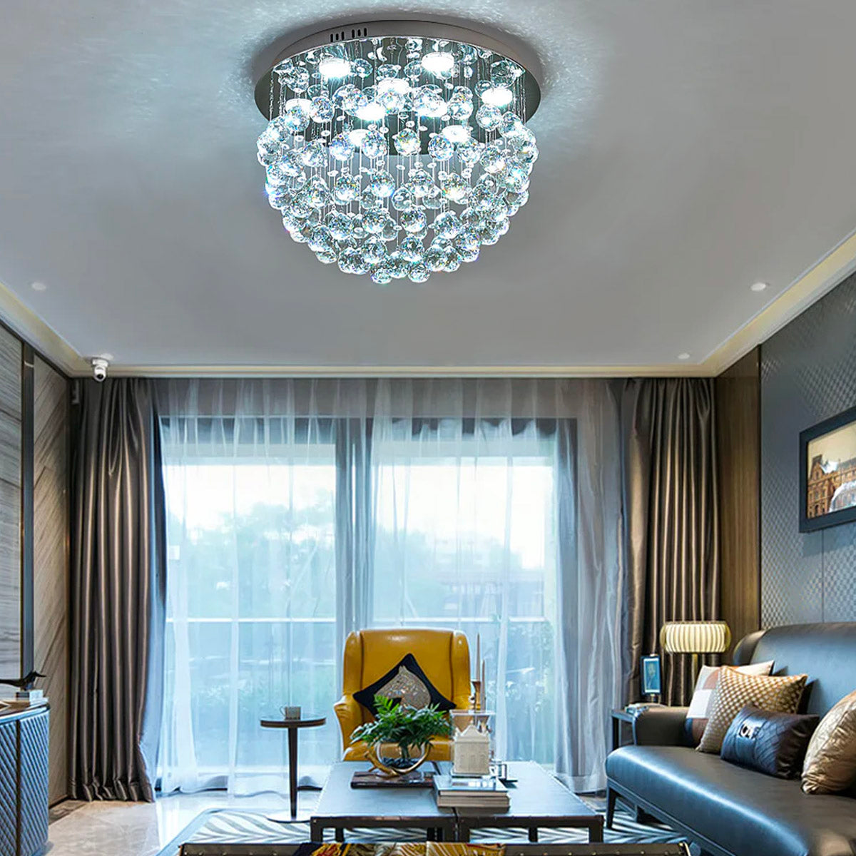 Kristallen Plafondlamp Rond Modern Chroom 50 cm 9 Lichtpunten Woonkamer Eetkamer Slaapkamer Hanglamp | Sulvida