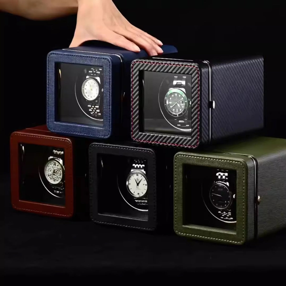 Horlogeopwinder Automatisch Zwart Groen Bruin Blauw Carbon met 5 Rotatiemodi USB-C Bediening Horloge Winder | Sulvida
