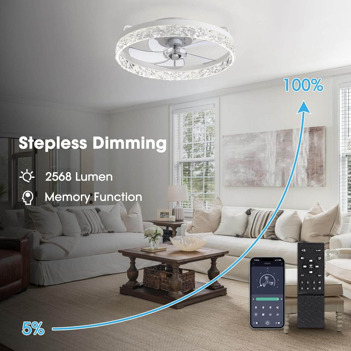 Ronde plafondventilator met verlichting dimbaar 50 cm modern design LED-strip afstandsbediening slaapkamer | Sulvida
