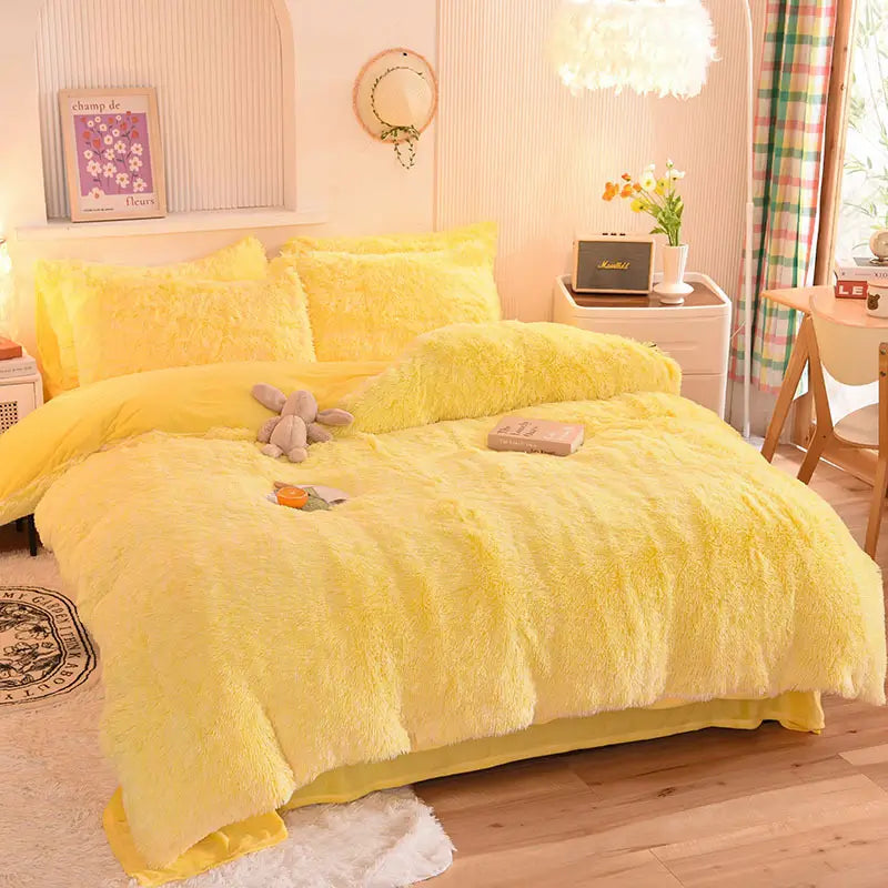 Plüsch-Fleece-Bettwäsche-Set, winterwarm, Teddy, 3-4-teilig, mit Bezug, Laken und Kissenbezügen | Sulvida