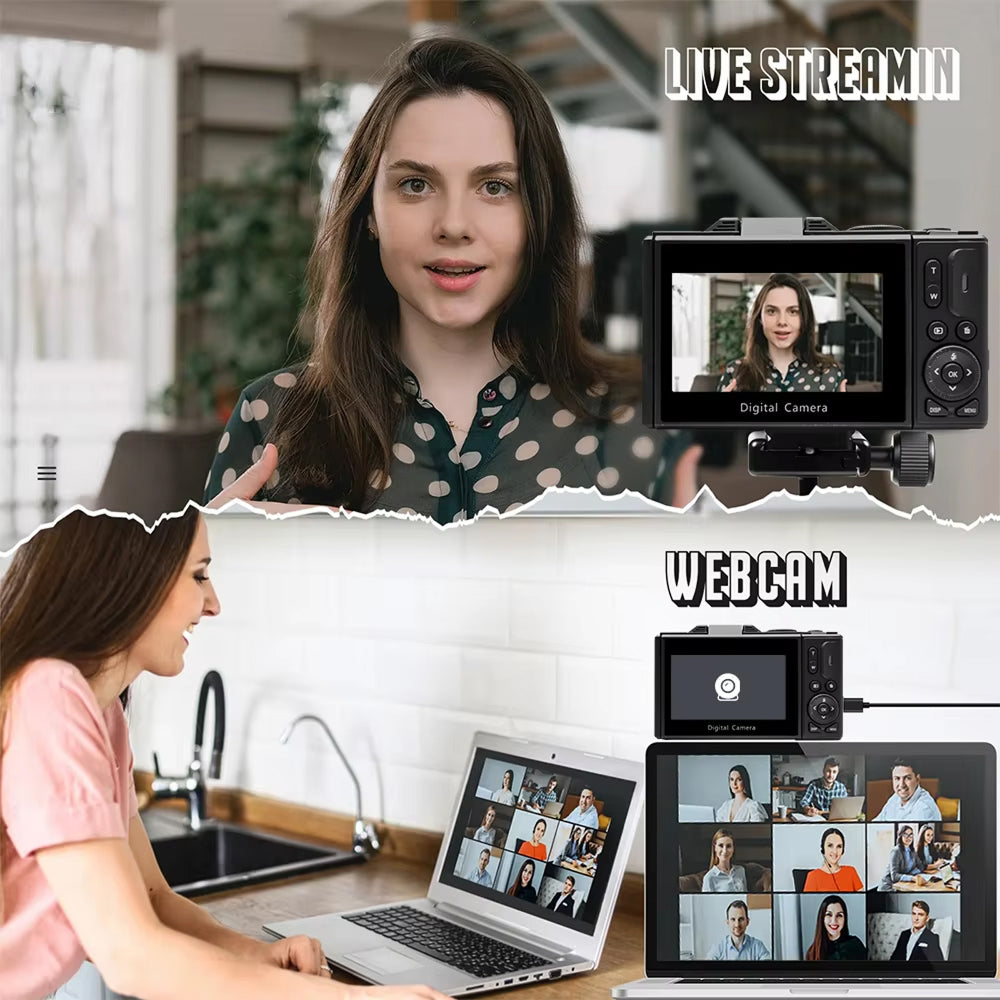 Caméra vlog numérique 4K avec zoom 18× et écran rabattable, caméscope vintage noir et blanc, compact, pour YouTube | Sulvida