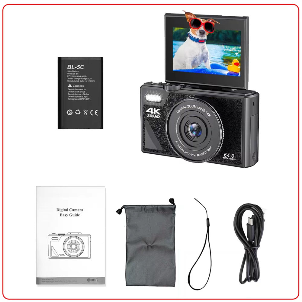 Caméra vlog numérique 4K avec zoom 18× et écran rabattable, caméscope vintage noir et blanc, compact, pour YouTube | Sulvida