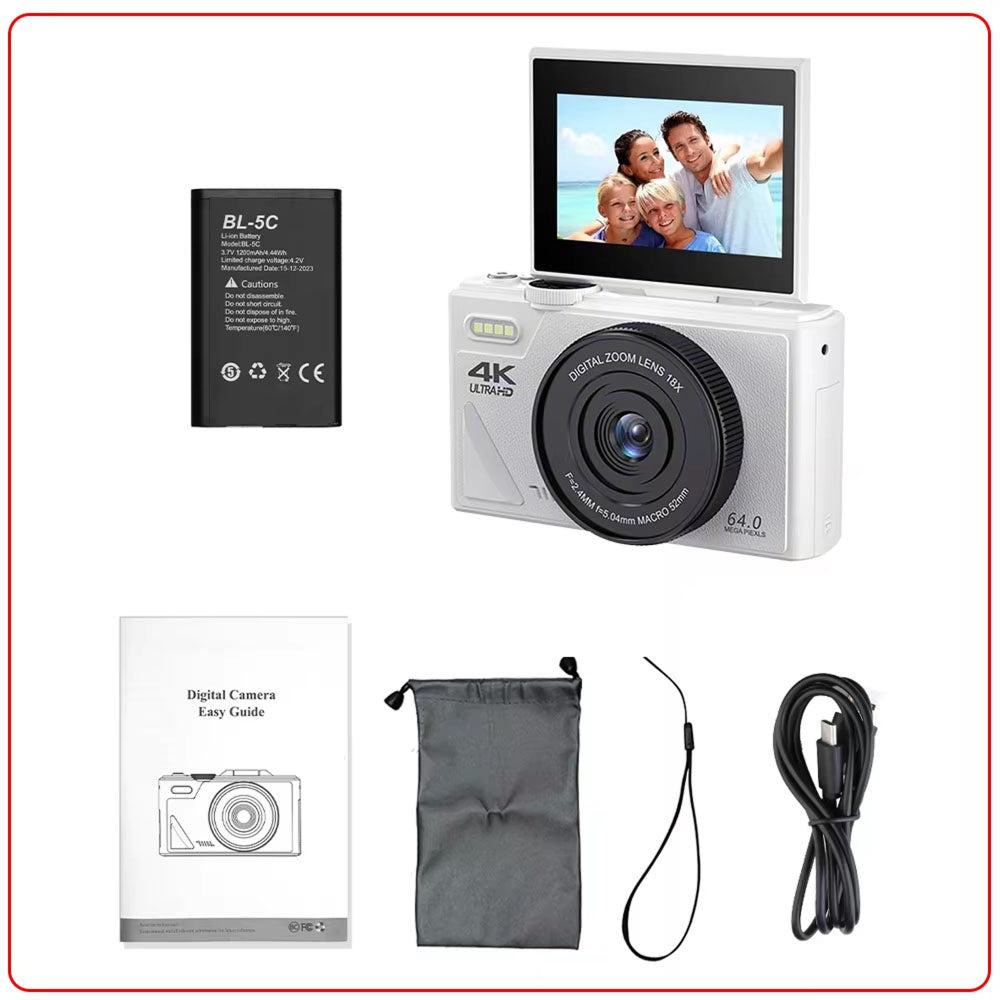 Caméra vlog numérique 4K avec zoom 18× et écran rabattable, caméscope vintage noir et blanc, compact, pour YouTube | Sulvida