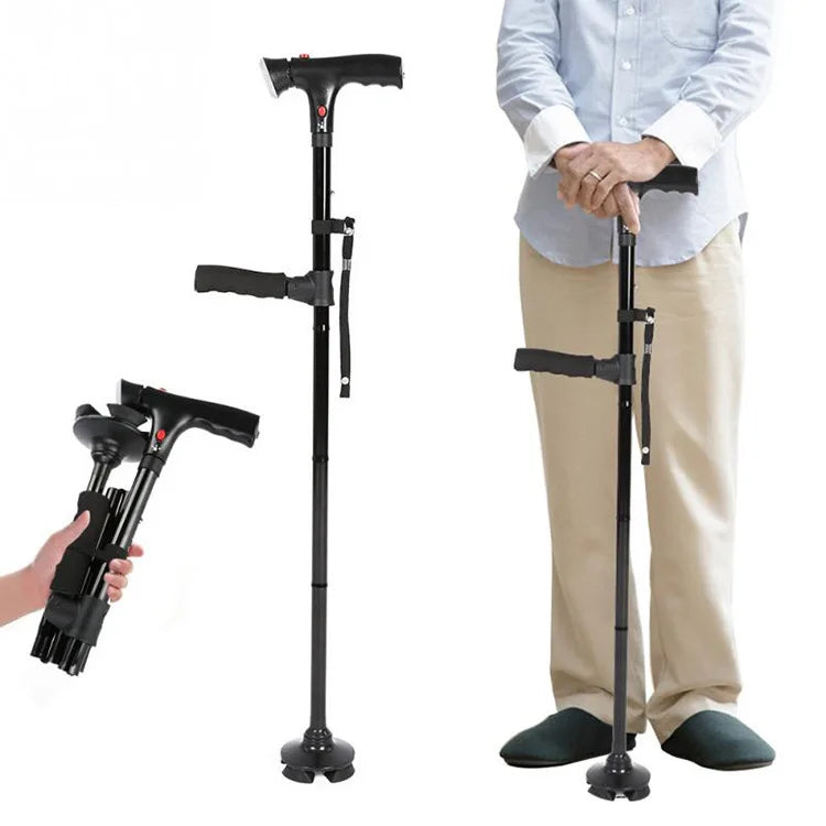 Inklapbare wandelstok met LED-lamp en vrijstaande voet T-greep aluminium steun verstelbaar loophulp wandhulp | Sulvida