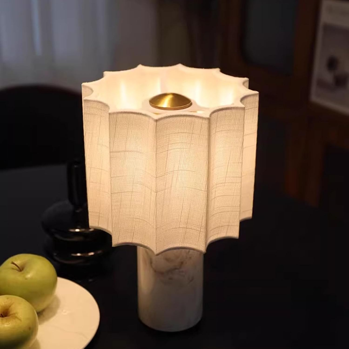 Draadloze Tafellamp Natuursteen met Linnen Kap 27.5cm Dimbaar LED Oplaadbaar Sfeervol Woonkamer Slaapkamer | Sulvida