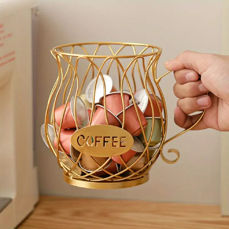 Capsulehouder Smeedijzer Open Patroon Zwart Goud Keukenorganiser Opbergsysteem Koffiecapsules Luxe Design | Sulvida