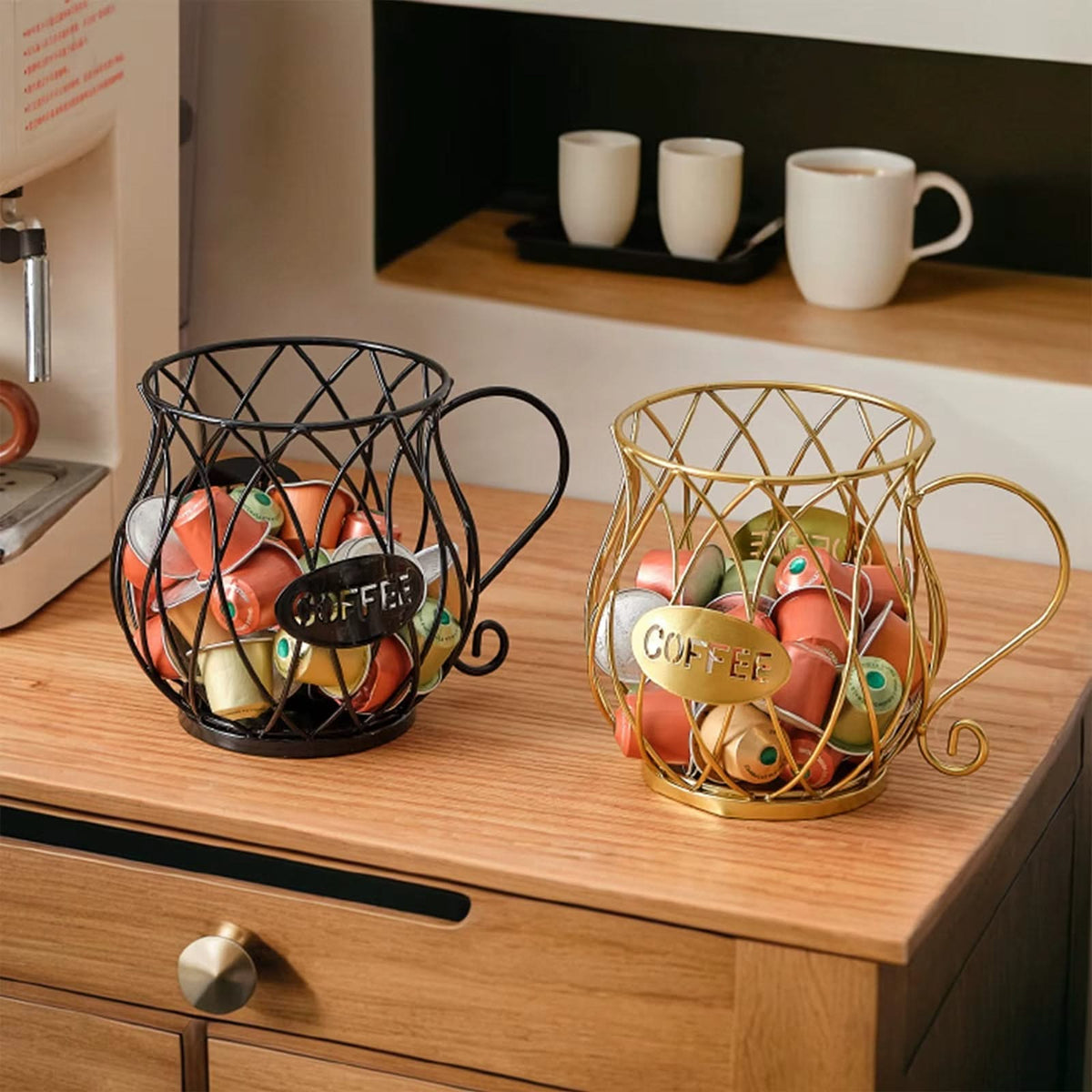 Capsulehouder Smeedijzer Open Patroon Zwart Goud Keukenorganiser Opbergsysteem Koffiecapsules Luxe Design | Sulvida