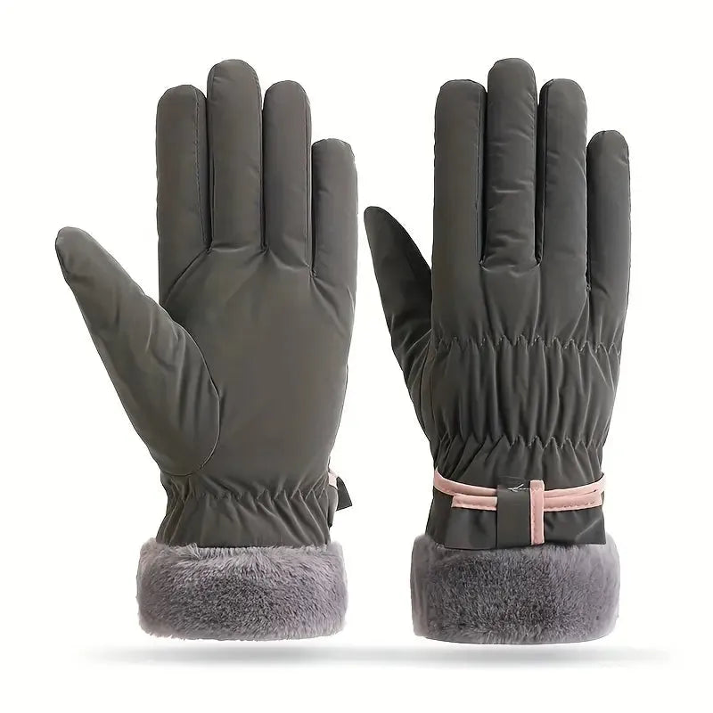 Gants d’hiver avec nœud et fonction tactile - doublés en peluche pour femme - adaptés au ski et au vélo | Sulvida