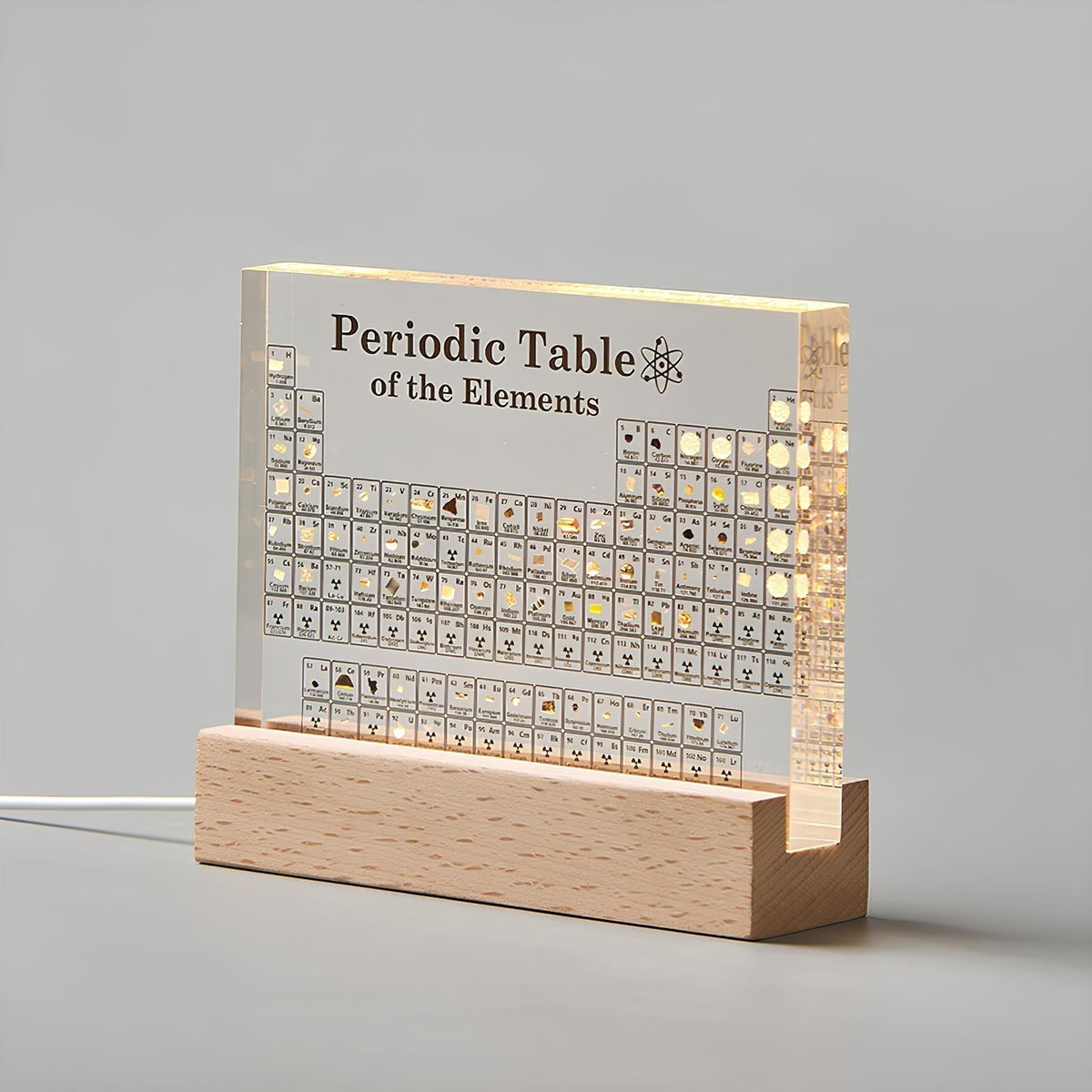 Verlicht Periodiek Systeem met 83 Echte Elementen Acryl Display Houten Voet LED Educatief Decoratief | Sulvida