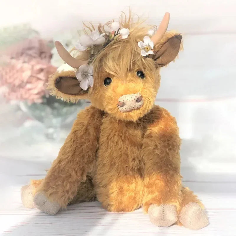 Hooglandkoe Knuffel met Bloemen Handgemaakt Zacht Alpaca Decoratief Cadeau | Sulvida