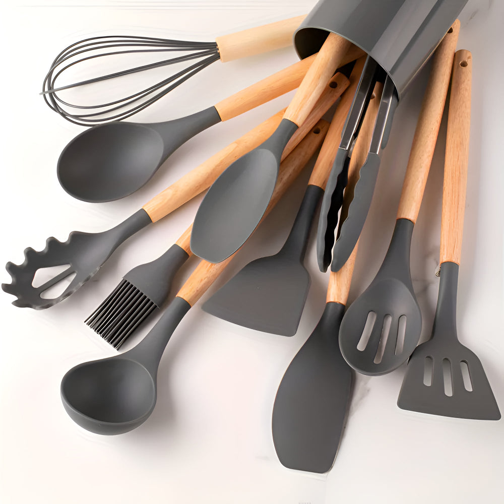 12-Delige Keukengerei Set met Siliconen Spatels en Bamboe Handvatten voor Krasvrij Koken Antiaanbak Pannen | Sulvida