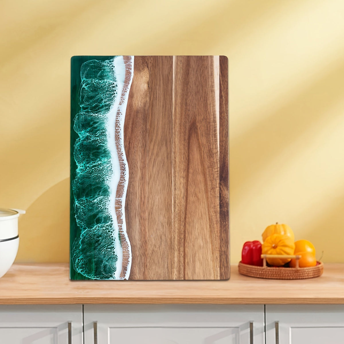 Serveerplank Acacia met Harsinlay Oceaangolven Blauw Groen Roze Rechthoekig 46×23 cm Kaasplank Snijplank Hout | Sulvida
