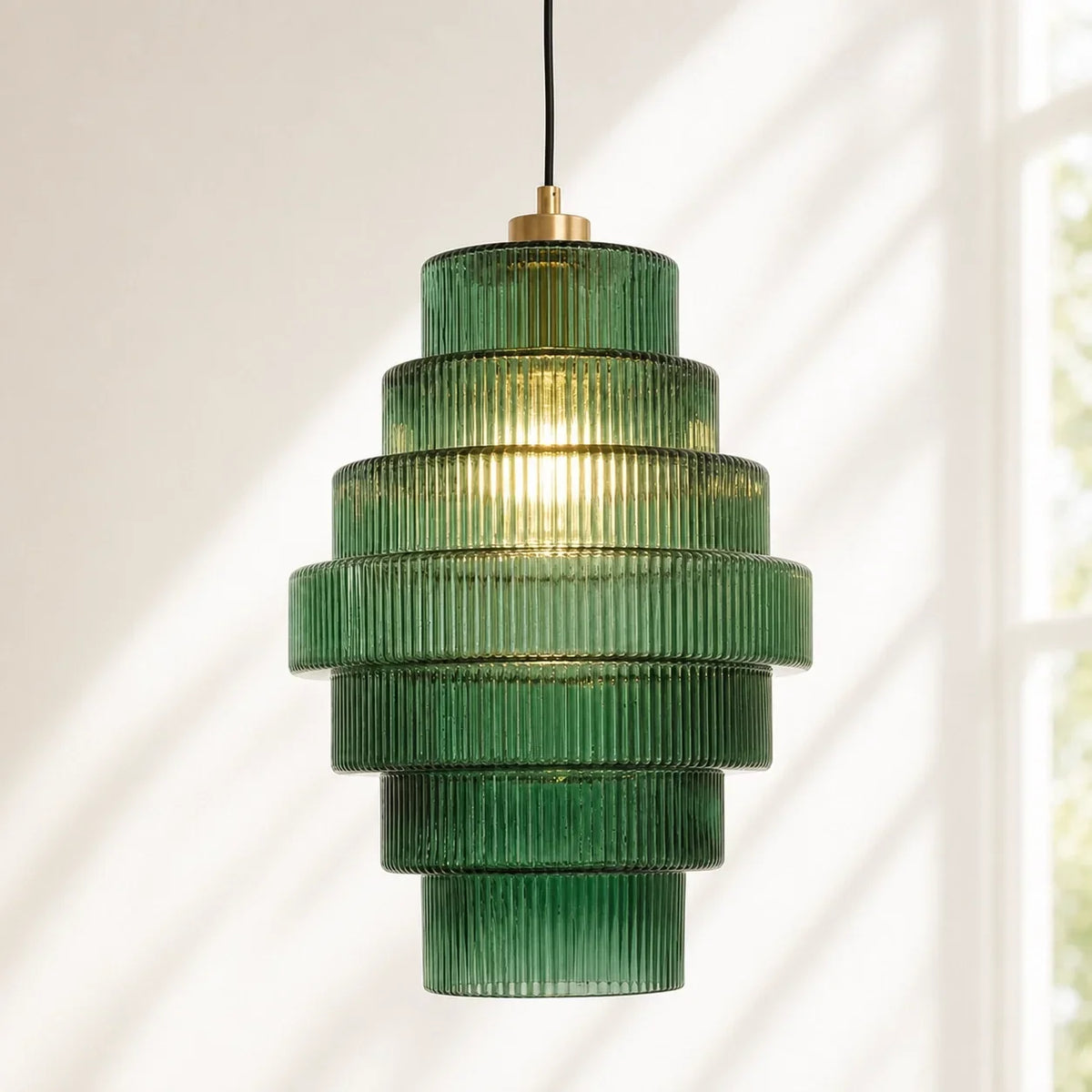 Geribbelde glazen hanglamp gelaagd flessendesign Art Deco vintage eetkamer keuken woonkamer slaapkamer | Sulvida