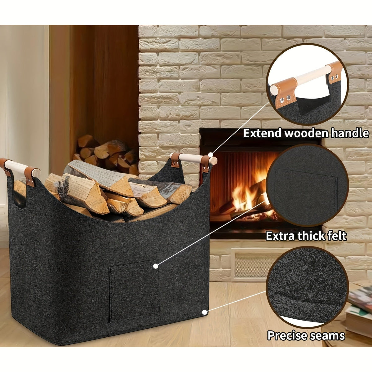Filten Haardhoutmand 55L Opvouwbaar Donkergrijs met Houten Handvatten Modern Haardaccessoire Interieur | Sulvida